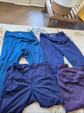 4 Assorted women's size L Active Leggings — Teal, Navy, Purple